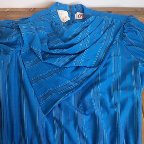 Vintage Teal Blue Striped Ruffle Neck 3/4 Sleeve Midi Dress - Picture 6 of 13